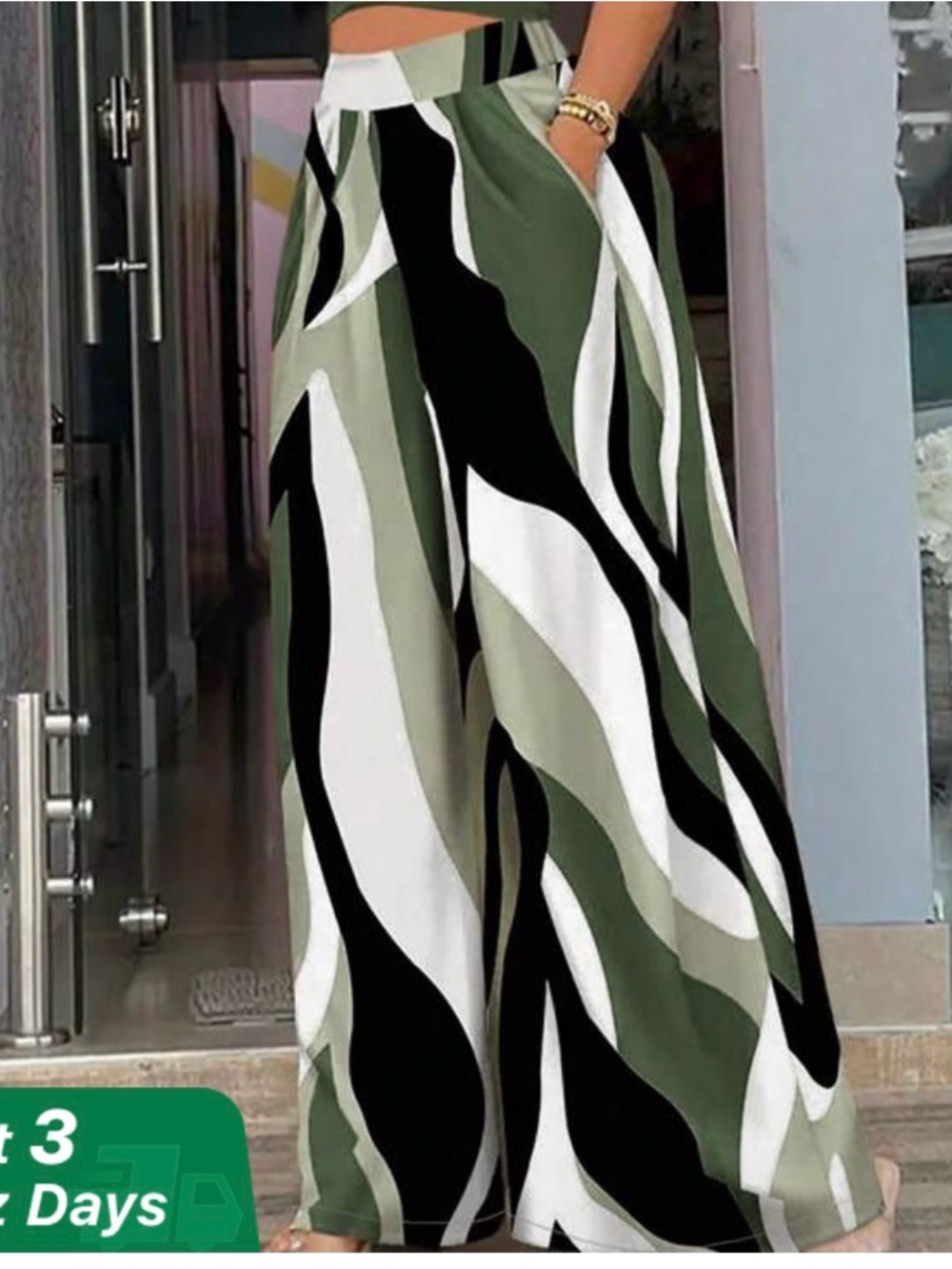 Wide-Leg Wave Print Palazzo Pants in Olive & Black